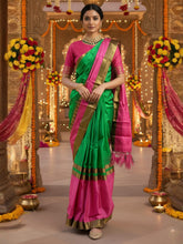 Women's Cotton Blend Green & Pink Woven Design DesignerSaree With Blouse Piece